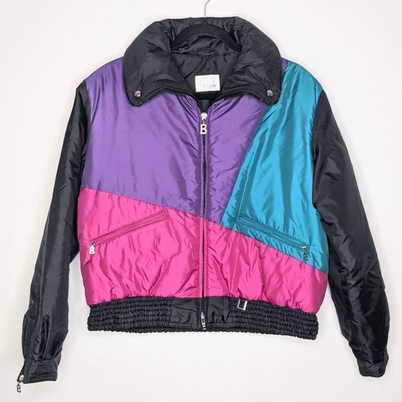 Vintage Bogner Ski Snow Puffer Jacket Black Purple Pink Teal 12 RUNS SMALL - Picture 1 of 13